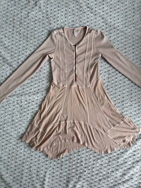 Soft Blush Long-Sleeve Flared Dress with Front Zip